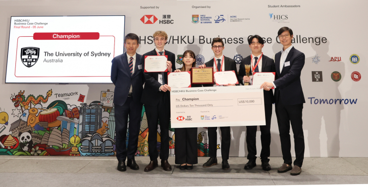  (From left) Professor Hongbin CAI, Dean of HKU Business School, Winners of the HSBC/HKU Business Case Challenge 2026 from The University of Sydney, Australia (Jacob CALLAWAY, Praew PRAEWINKANT, Jeremy SIMONETTO and Andris DANG) and David LIAO, Co-Chief Executive of HSBC Asia and Middle East